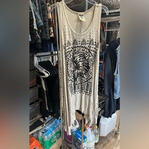 Vocal Beige Tank Top with Black Tribal Headdress Print